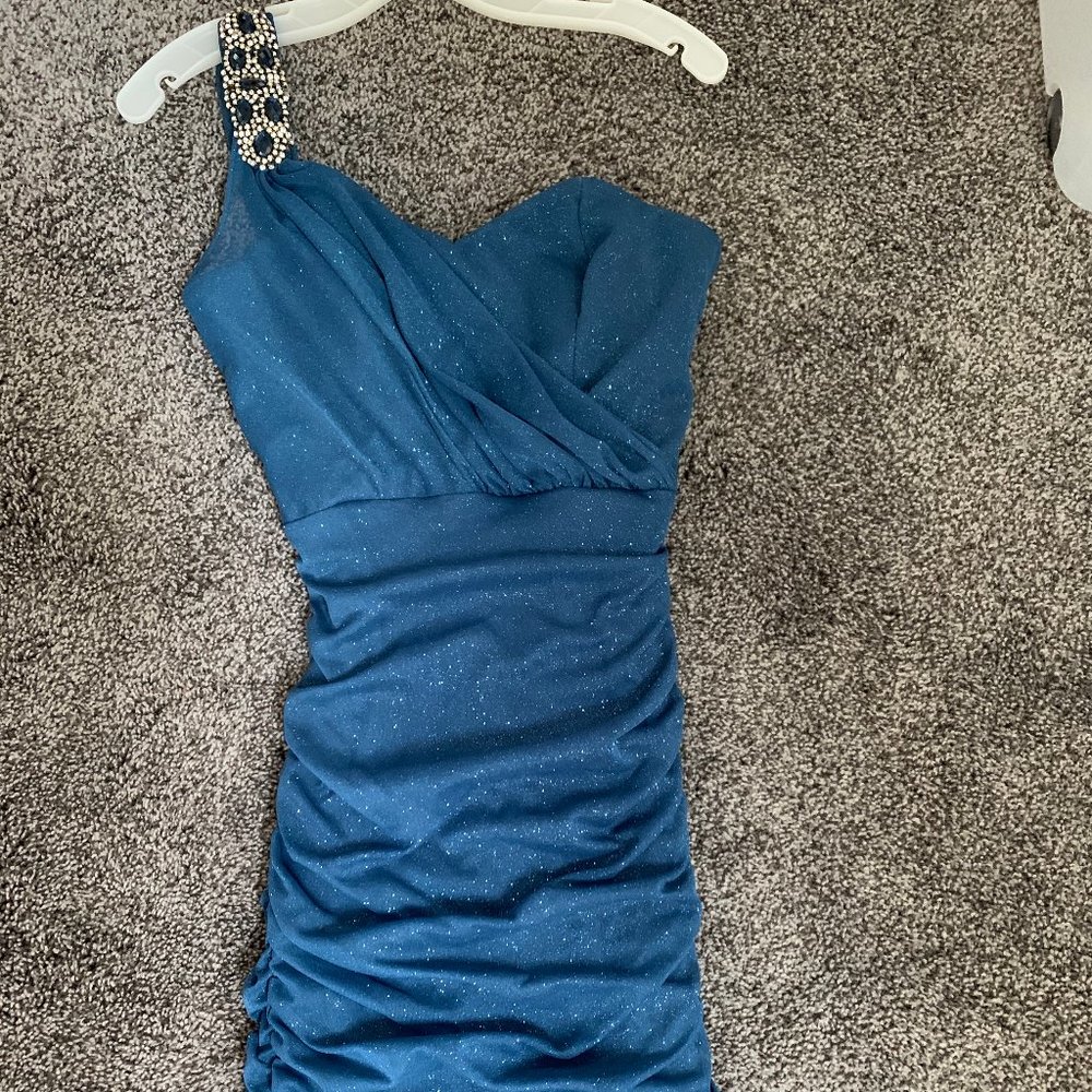 Blue Sparkled Cachet One Shoulder Cocktail Dress